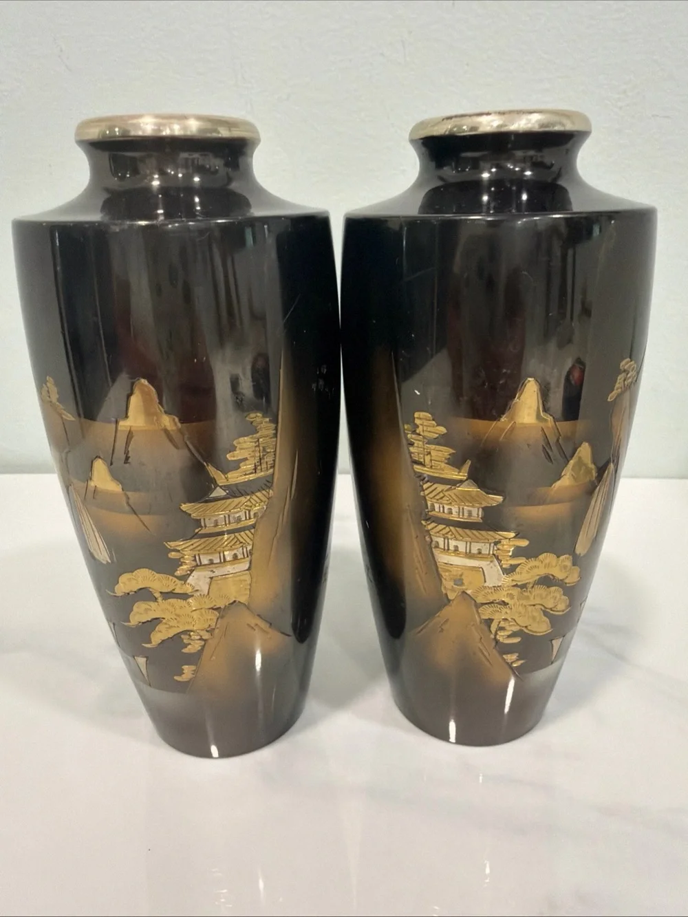 Black and Gold Decorative Ceramic Vases - Pair